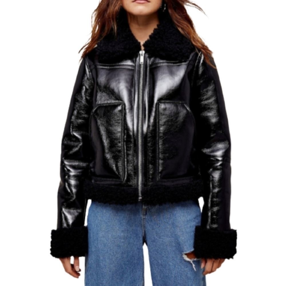𝅺Topshop Black Vegan Leather Teddy Trim Biker Jacket Womens Size 2